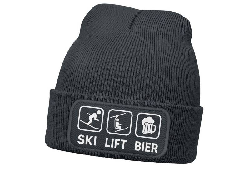MoonWorks Strickmütze Herren Beanie mit Patch Strickmütze mit Spruch Ski Lift Bier Icon von MoonWorks