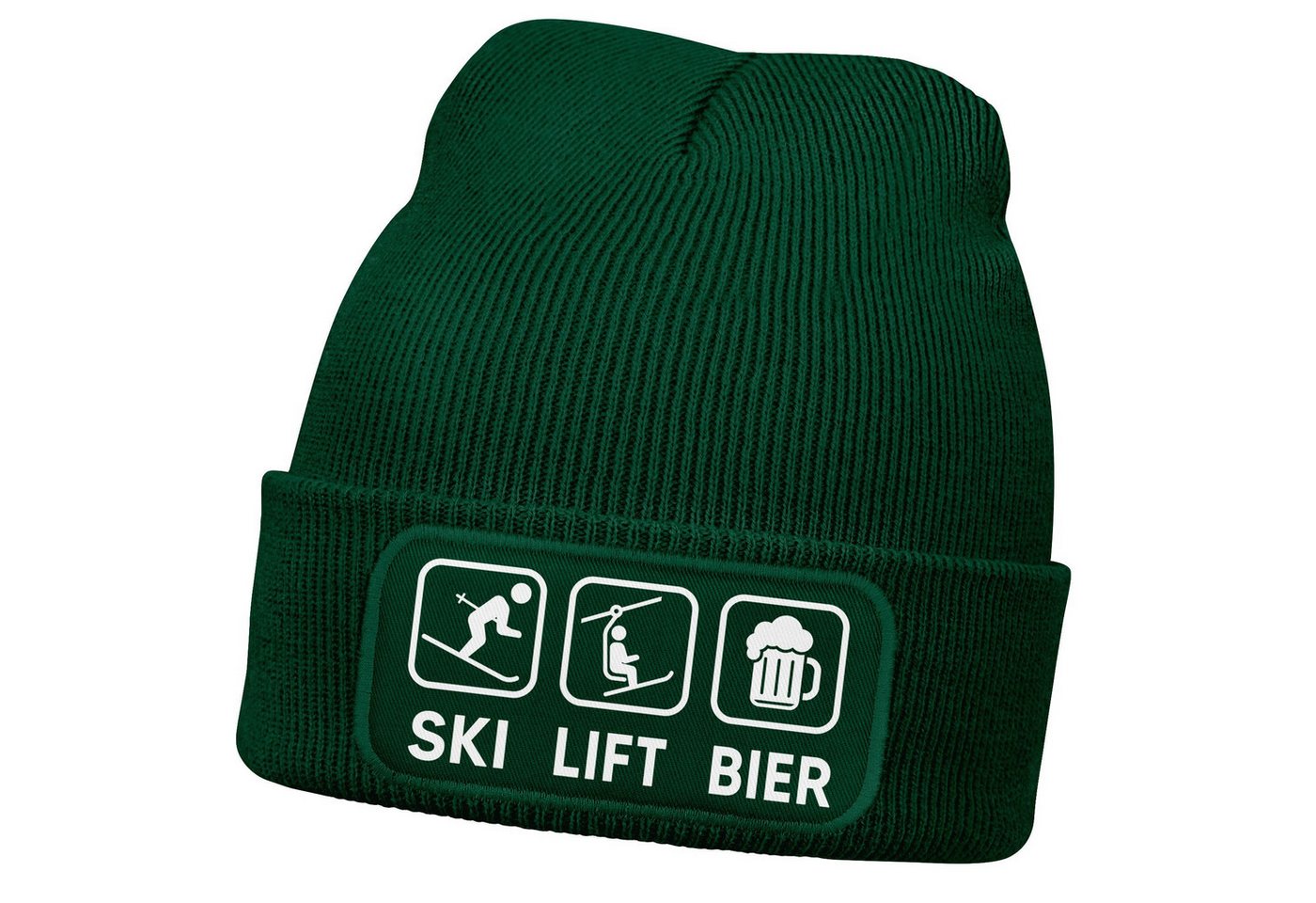 MoonWorks Strickmütze Herren Beanie mit Patch Strickmütze mit Spruch Ski Lift Bier Icon von MoonWorks