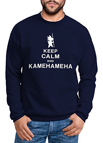 MoonWorks Sweatshirt Herren Keep Calm and Kamehameha Son Goku Dragonball Pullover ohne Kapuze Navy L von MoonWorks