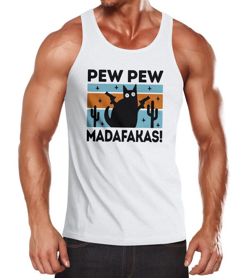 MoonWorks Tanktop Herren Tanktop Pew Pew Madafakas Katze Cat crazy verrückt lustig Muscle Shirt Achselshirt Moonworks® mit Print von MoonWorks