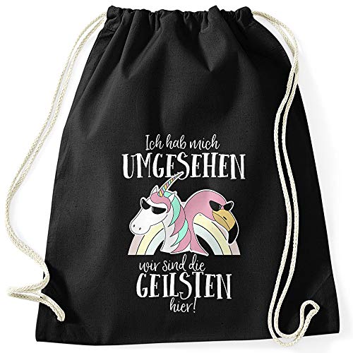 MoonWorks Turnbeutel Ich hab mich umgesehen wir sind die geilsten hier Flamingo Einhorn Regenbogen schwarz unisize von MoonWorks