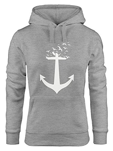 MoonWorks ausgefallener Hoodie für Damen, Anker Vögel Anchor Birds, Sweatshirt Kapuze Kapuzenpullover grau M von MoonWorks