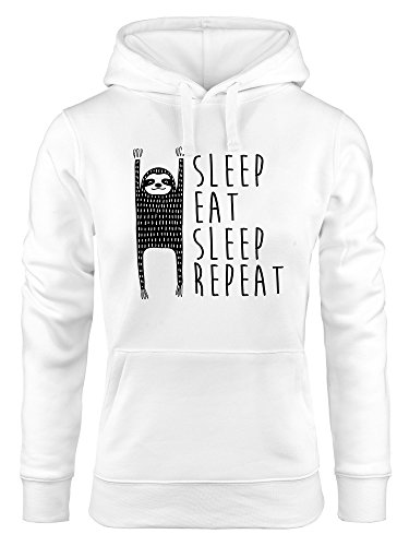 MoonWorks lustiger Hoodie für Damen mit Faultier, Sleep Eat Sleep Repeat, Sweatshirt Kapuze Kapuzenpullover weiß L von MoonWorks