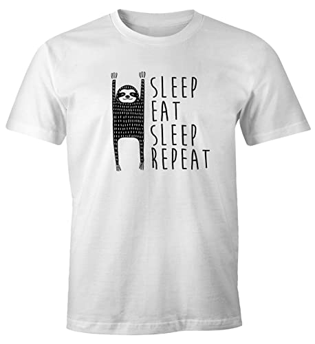 MoonWorks lustiges Herren T-Shirt Sleep Eat Sleep Repeat Faultier Fun-Shirt aus Reiner Baumwolle weiß M von MoonWorks