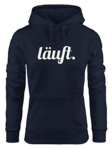 MoonWorks weicher Hoodie für Damen mit läuft Spruch, Sweatshirt mit Kapuze Kapuzenpullover Navy L von MoonWorks