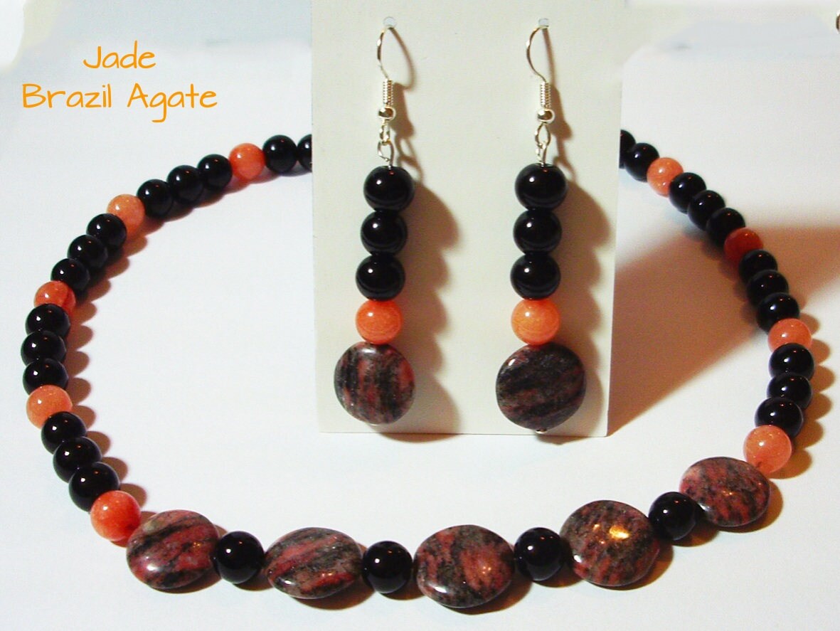 Jade - Brasilien Achat Schwarz Und Orange Halskette Set Perle 16, 5"/Halsband Mit Akzente & Ohrringe Jade - Brasilien Achat Schwarz Und Orange Halskette Set Perle 16, 5"/Halsband Mit Akzente & Ohrringe von MoonbeadJewelryUS