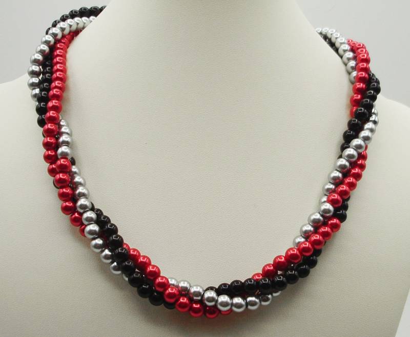 Rot/Schwarz Silber 3-strand 19" Halskette - Perlen Twisted 3-strang Rot von MoonbeadJewelryUS