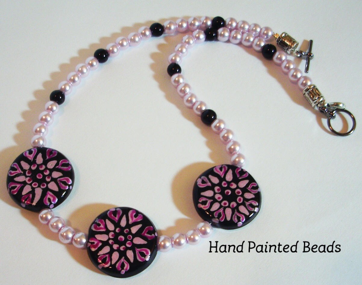 Schwarz Und Rosa Perlen 16" Halsband Mit Handbemalten Glasperlen - Schwarz Elegante Halskette Blumen Sommer-Halskette Schwarz Und Rosa Perlen 16" Halsband Mit Handbemalten Glasperlen - Schwarz Elegante Halskette Blumen Sommer-Halskette von MoonbeadJewelryUS