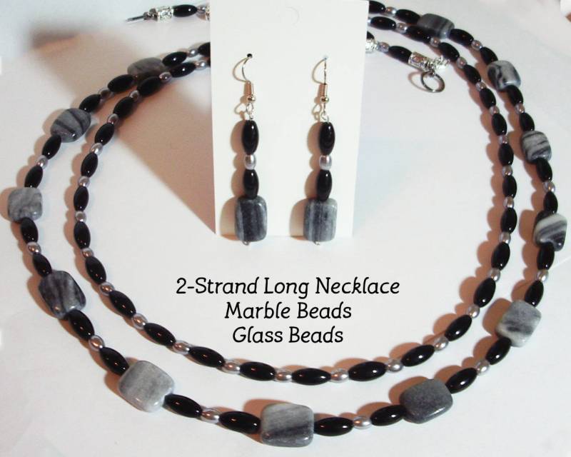 Schwarz Und Silber Halskette - 2-strang Perlenkette Mit Grauem Marmor & Ohrringe Set Multi-strang Lange Schwarz Und Silber Halskette - 2-strang Perlenkette Mit Grauem Marmor & Ohrringe Set Multi-strang Lange von MoonbeadJewelryUS
