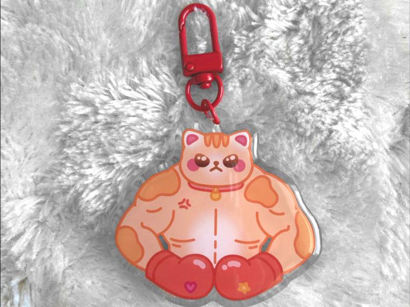 Funny Buff Cat Keychain - Kawaii Acryl Charm Epoxy Gift Keyring Accessoires Muscular Cats Meme Accessory Gift Funny Cute Gym Kitty von Moonbia