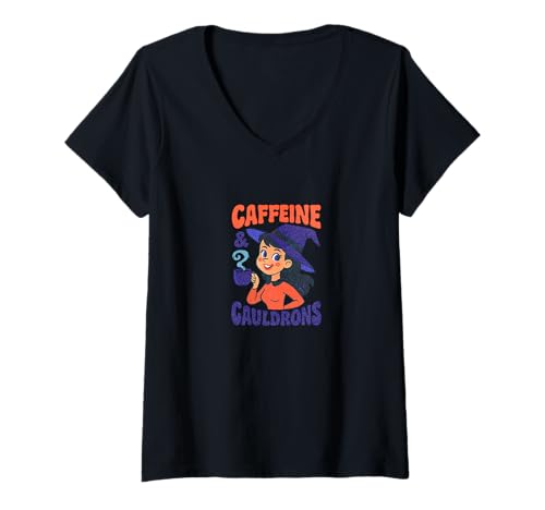 Damen Koffein und Kessel Hexe Kaffee Ästhetisch Halloween T-Shirt mit V-Ausschnitt Damen Koffein und Kessel Hexe Kaffee Ästhetisch Halloween T-Shirt mit V-Ausschnitt von Moonbrew Coven Co Arts