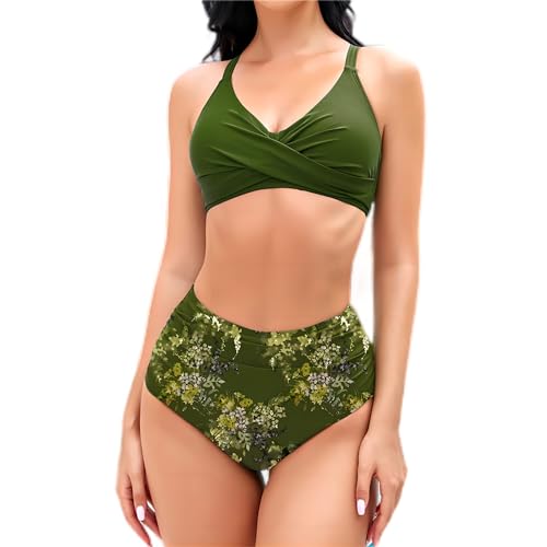 Mooncore Bikini Damen Set High Waist Push Up Bauchweg Crossover Oberteil Bademode Zweiteiliger Badeanzug (Dunkelgrün/Blume, L) von Mooncore