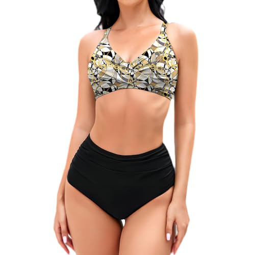 Mooncore Bikini Damen Set High Waist Push Up Bauchweg Crossover Oberteil Bademode Zweiteiliger Badeanzug (Goldkette/Schwarz, S) von Mooncore