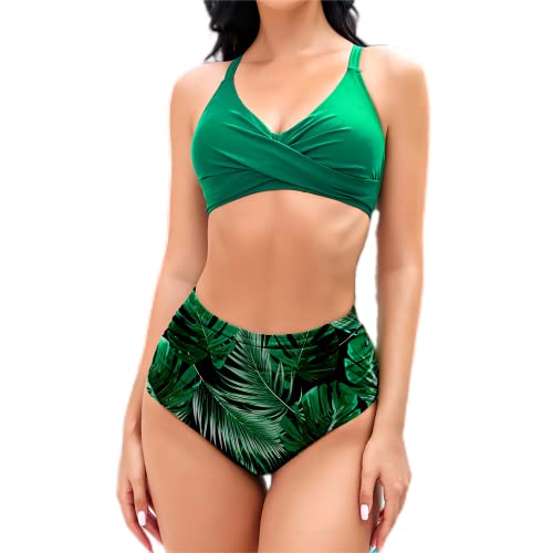 Mooncore Bikini Damen Set High Waist Push Up Bauchweg Crossover Oberteil Bademode Zweiteiliger Badeanzug (Grün/Blatt, S) von Mooncore