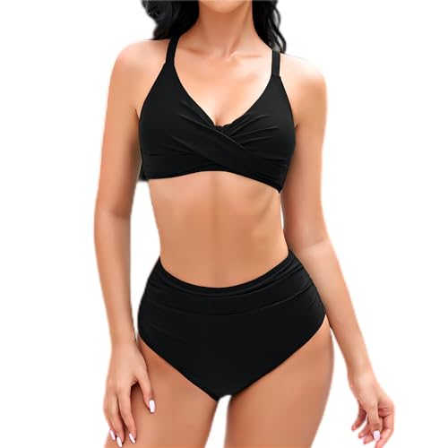 Mooncore Bikini Damen Set High Waist Push Up Bauchweg Crossover Oberteil Bademode Zweiteiliger Badeanzug (Schwarz, L) von Mooncore