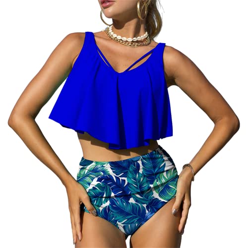 Mooncore Tankini Damen Bauchweg High Waist Bikini Set Zweiteilige Bademode Rüschen Bedruckt Badeanzug (Blau/Blatt, M) von Mooncore