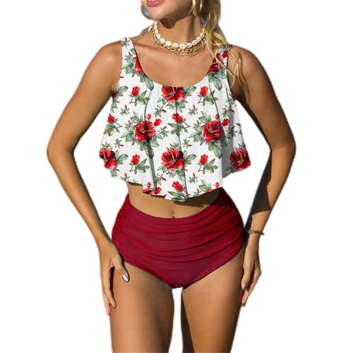 Mooncore Tankini Damen Bauchweg High Waist Bikini Set Zweiteilige Bademode Rüschen Bedruckt Badeanzug (Blume/Rot, M) von Mooncore