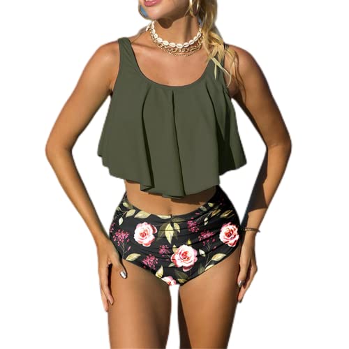 Mooncore Tankini Damen Bauchweg High Waist Bikini Set Zweiteilige Bademode Rüschen Bedruckt Badeanzug (Grün/Blume, S) von Mooncore