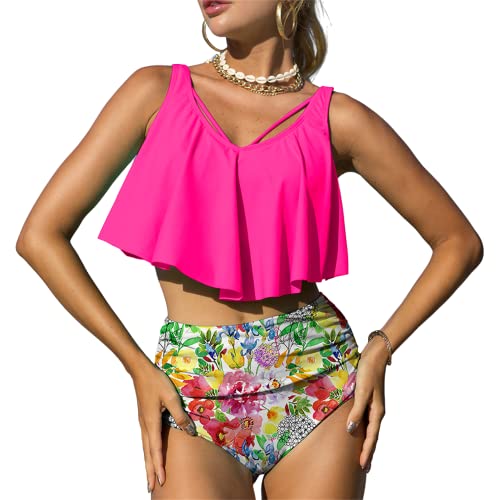 Mooncore Tankini Damen Bauchweg High Waist Bikini Set Zweiteilige Bademode Rüschen Bedruckt Badeanzug (Rosa/Blume, M) von Mooncore