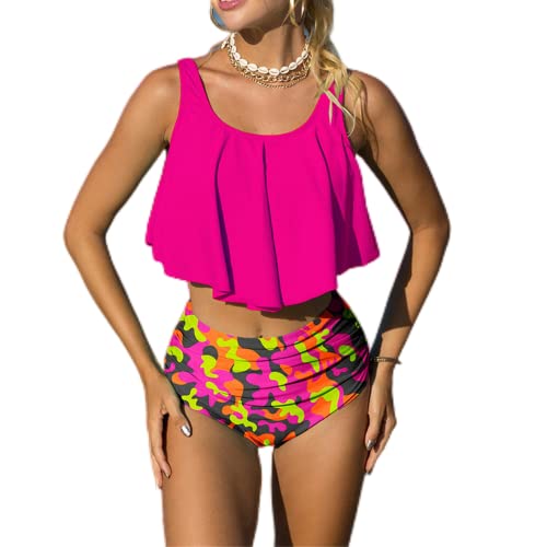 Mooncore Tankini Damen Bauchweg High Waist Bikini Set Zweiteilige Bademode Rüschen Bedruckt Badeanzug (Rosa/Graffiti, M) von Mooncore