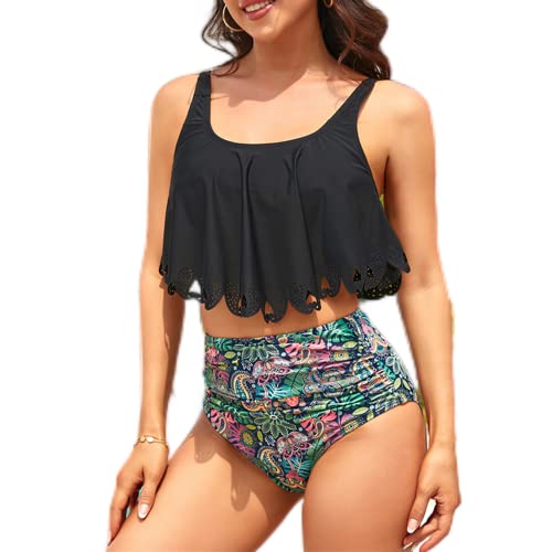 Mooncore Tankini Damen Bauchweg High Waist Bikini Set Zweiteilige Bademode Rüschen Bedruckt Badeanzug (Schwarz/Graffiti, XL) von Mooncore