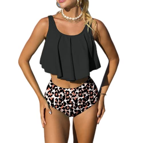 Mooncore Tankini Damen Bauchweg High Waist Bikini Set Zweiteilige Bademode Rüschen Bedruckt Badeanzug (Schwarz/Leopard, L) von Mooncore