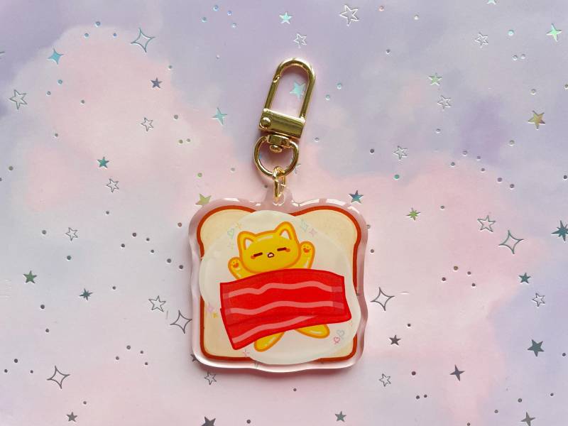 Cat Bacon Egg Toast Keychain | Kawaii Transparent Acrylic Catloverl Breakfast Art Gift von MoondropAtelier