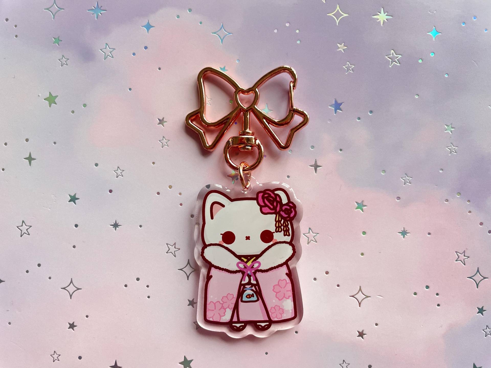 Cat Kimono Keychain | Kawaii Transparent Acrylic Catloverl Sakura Art Gift von MoondropAtelier