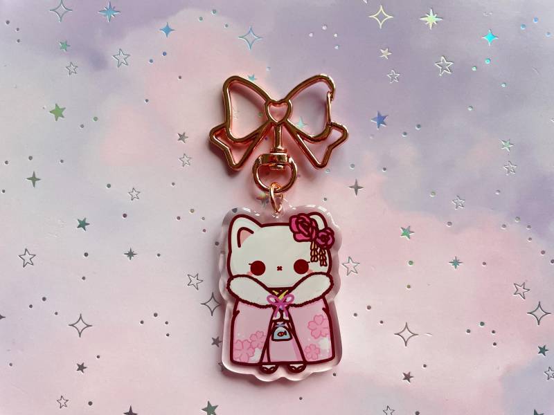 Cat Kimono Keychain | Kawaii Transparent Acrylic Catloverl Sakura Art Gift von MoondropAtelier