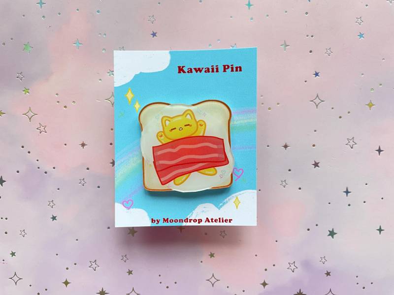 Cat Pin Toast | Kawaii Breakfast Acryl Brosche Anstecker Bacon Egg Japanese Art Small Gift von MoondropAtelier