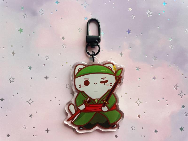Samurai Cat Keychain Kawaii Transparent Acrylic Catloverl Anime Art Gift von MoondropAtelier