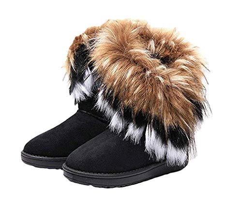 Moongodess Frauen Winter Warme Schnee Stiefeletten Low Heels künstliches Fuchs-Kaninchenfell Quaste Schuhe (40.5 EU, Schwarz) von Moongodess