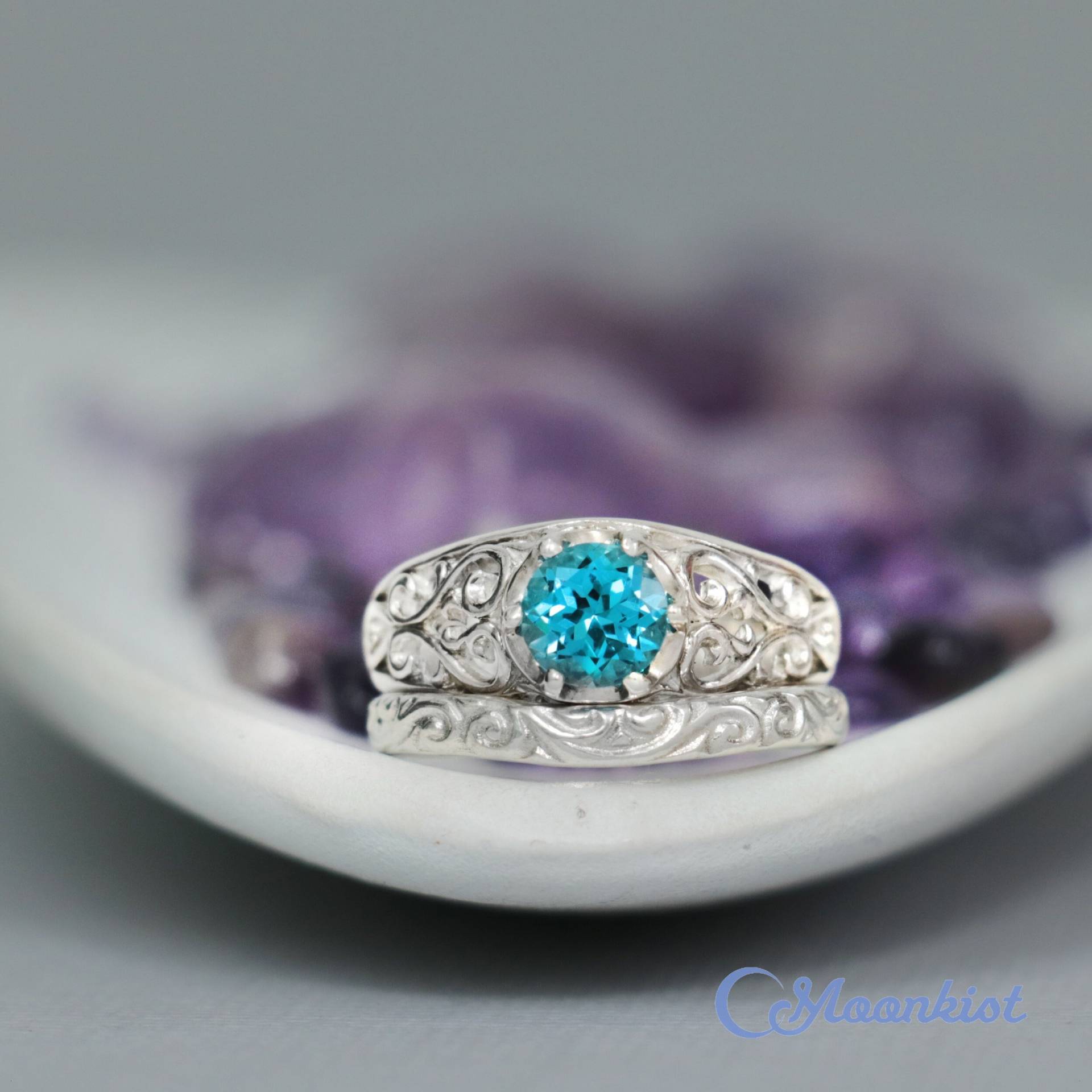 Größe 7 Blautopas Braut Set, Sterling Silber Filigree Verlobungsring Topas Ehering | Mondkist Designs von MoonkistDesigns