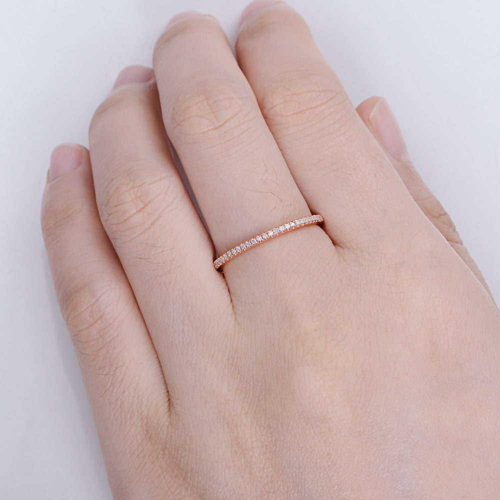 1 Mm Moissanit Hochzeit Band Frauen Diamant Halbe Eternity Rose Gold Minimalist Stapeln Passende Dünne Jahrestag Geschenk von MoonlandUS