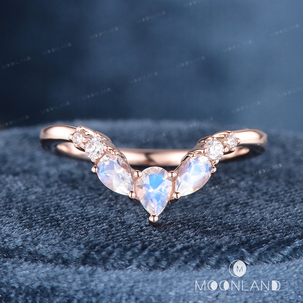 Mondstein Ehering Rose Gold Frauen Diamant Ring Birnen Form Vintage Band Benutzerdefinierte Passende von MoonlandUS