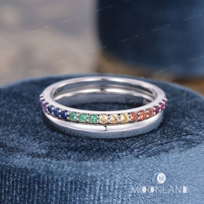 Regenbogen Ring Natürliche Saphir Ehering Frauen Weißgold Antike Smaragd Sets Halbe Eternity Multicolor Boho Stacking von MoonlandUS