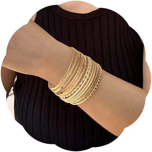10 Stück goldene Armreifen für Damen, stapelbares Armband-Set, stilvolles Boho-Gold-Armband-Stapel, Damenschmuck, Durchmesser: 6,8–7 cm, One Size, Metall, Kein Edelstein 10 Stück goldene Armreifen für Damen, stapelbares Armband-Set, stilvolles Boho-Gold-Armband-Stapel, Damenschmuck, Durchmesser: 6,8–7 cm, One Size, Metall, Kein Edelstein von Moonlight Miles
