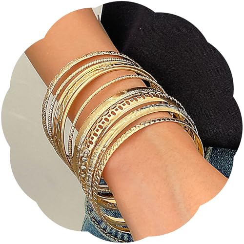 10 Stück goldene Armreifen für Damen, stapelbares Armband-Set, stilvolles Boho-Gold-Armband-Stapel, Damenschmuck, Durchmesser: 6,8–7 cm, One Size, Metall, Kein Edelstein 10 Stück goldene Armreifen für Damen, stapelbares Armband-Set, stilvolles Boho-Gold-Armband-Stapel, Damenschmuck, Durchmesser: 6,8–7 cm, One Size, Metall, Kein Edelstein von Moonlight Miles