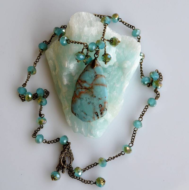 Blauer Seejaspis Anhänger, Edelstein Halskette, Kristall Lange Boho Bronze Ooak, 180 von MoonlightSprite