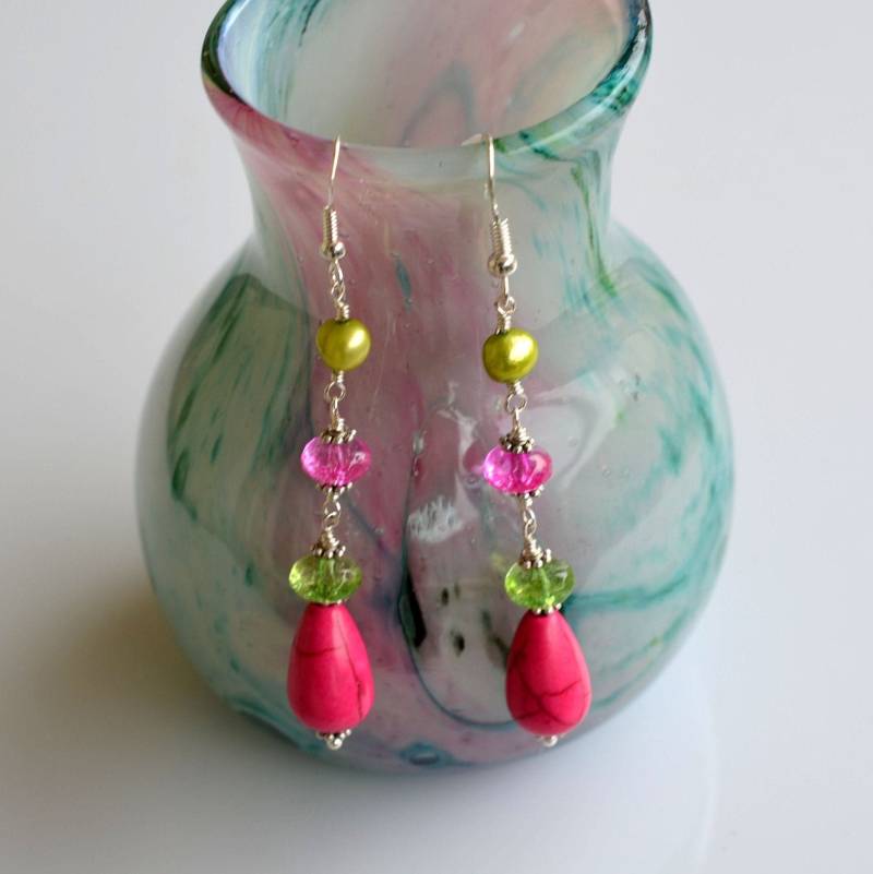 Perlenohrringe, Edelstein Ohrringe, Lange Süßwasser Perle Quarz Rosa Howlite Ooak 67 von MoonlightSprite