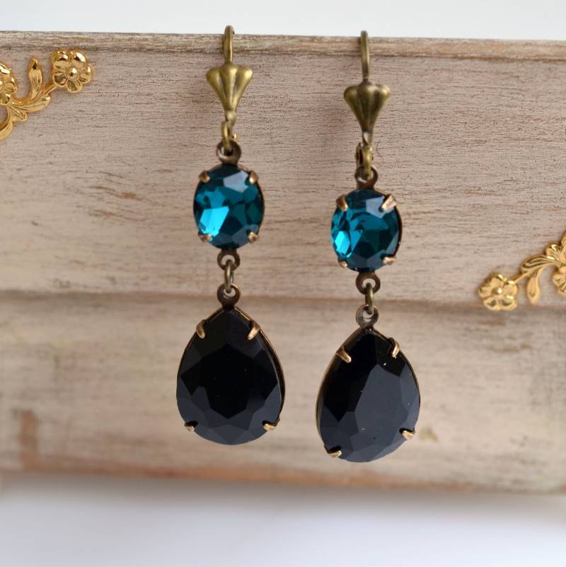 Schwarz Blau Strass Ohrringe, Schwarze Kristall Glas Ohrringe, Teardrop Vintage-Stil-Ohrringe, Antike Bronze Rh 15 Schwarz Blau Strass Ohrringe, Schwarze Kristall Glas Ohrringe, Teardrop Vintage-Stil-Ohrringe, Antike Bronze Rh 15 von MoonlightSprite
