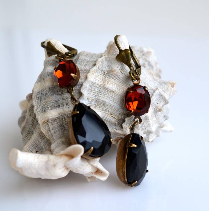 Schwarze Zimt Strass Ohrringe, Kristallglas Teardrop Vintage Style Bronze Rh 32 Schwarze Zimt Strass Ohrringe, Kristallglas Teardrop Vintage Style Bronze Rh 32 von MoonlightSprite