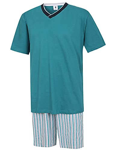 Moonline nightwear Herren Pyjama Schlafanzug kurz Herren Pyjama kurz Herren Shorty Schlafanzug aus 100% Baumwolle (XXXL/62-64, Oberteil türkis/Hose gestreift) von SUPTMAX