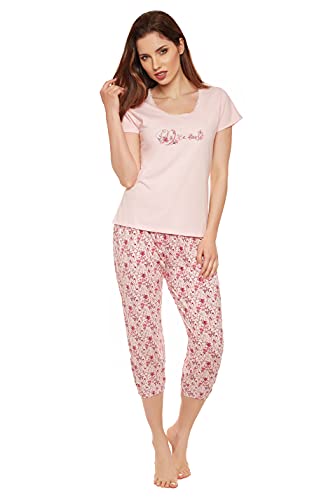 Moonline moderner und bequemer Damen Capri-Pyjama, aus 100% weicher Baumwolle, Capri-rosa, Gr. M von Selente