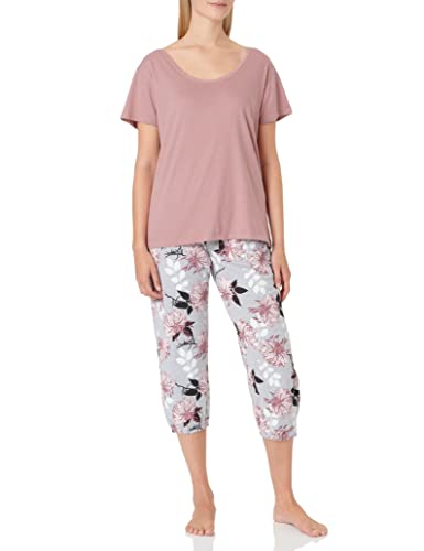 Moonline moderner und bequemer Damen Capri-Pyjama, aus 100% weicher Baumwolle, Capri-rosa-Blumen, Gr. S von Selente