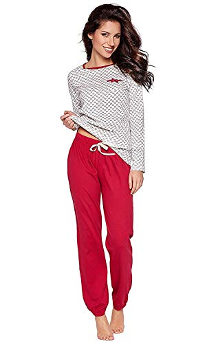Moonline moderner und bequemer Damen Schlafanzug, aus 100% weicher Baumwolle, Creme-rot-Herzchen, Gr. M von Selente