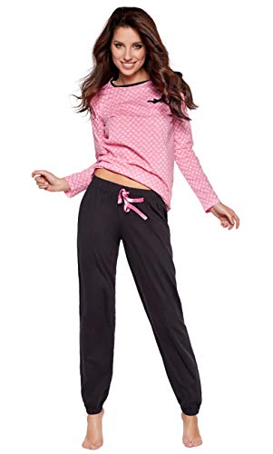 Moonline moderner und bequemer Damen Schlafanzug, aus 100% weicher Baumwolle, rosa-weiß-Herzchen, Gr. L von Selente