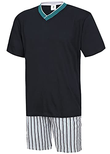 Moonline nightwear Herren Schlafanzug kurz Herren Pyjama kurz Herren Shorty Schlafanzug aus 100% Baumwolle (L/50-52, Oberteil Rauch blau/Hose gestreift) von Moonline nightwear