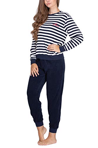 Moonline - Damen Frottee Schlafanzug mit Rundhals-Ausschnitt, Farbe:Offwhite/Navy, Größe:S von Moonline