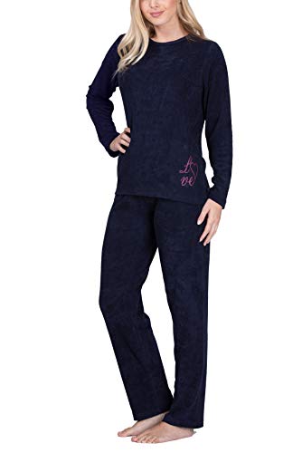 Moonline Frottee-Schlafanzug für Damen mit Motivdruck, Farbe:Navy, Größe:40-42 von Moonline